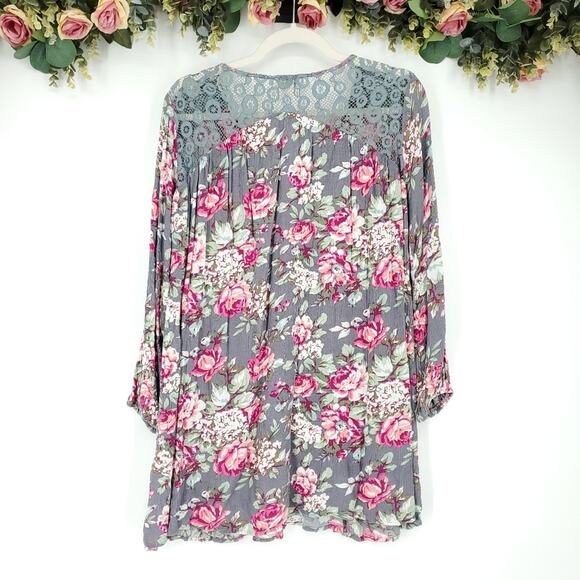 Umgee Gray and Pink Floral Long Sleeve Tunic Dress Small - Picture 2 of 12